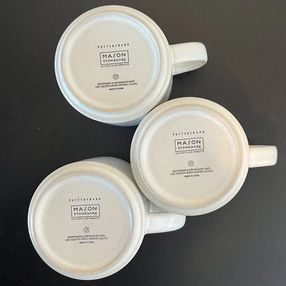 Pottery Barn MASON STONEWARE Ivory White Mugs Cups Set of 3 Stackable 15oz